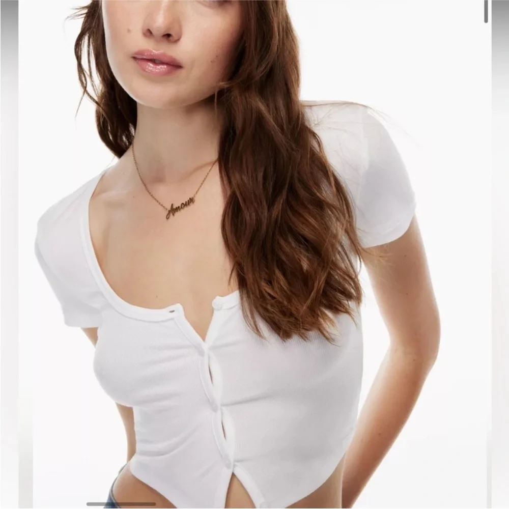 Aritzia Sunday Best Holly Top Button Front Cropped Rib T-Shirt White Crop Top S - Picture 2 of 14